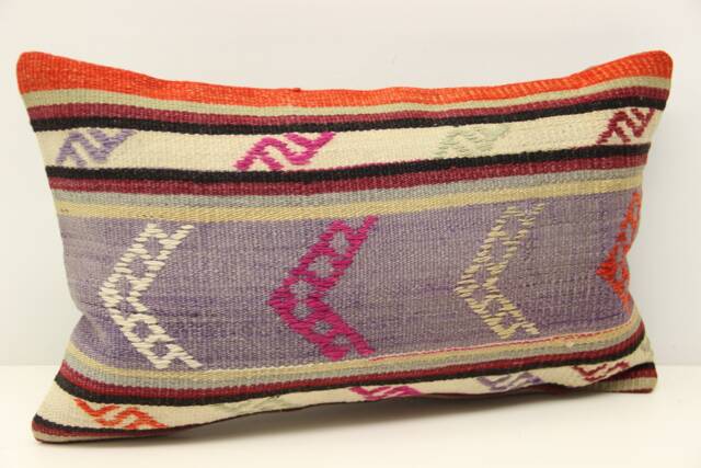 Turkish Kilim Pillow Cover 12x20 Lumbar Cushion, Wool & Cotton - image 1