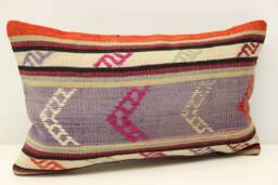 Turkish Kilim Pillow Cover 12x20 Lumbar Cushion, Wool & Cotton - thumbnail 1