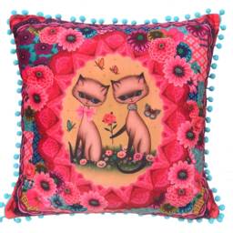 Siamese Cats Velvet Cushion Cover Kitsch Retro Pom Pillow - thumbnail 2