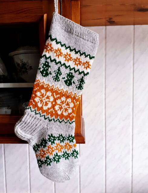Hand Knit Christmas Stocking, Nordic Snowflake Design, Wool Holiday Decor - image 1