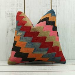 Handmade Kilim Pillow Cover Vintage Turkish Wool Cushion - 16x16 Inch - thumbnail 1