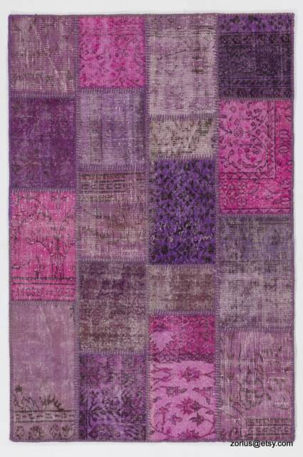 4' X 6' Pink, Lilac, Lavender & Purple Patchwork Rug, Handmade From Overdyed Turkish Rugs - image 1