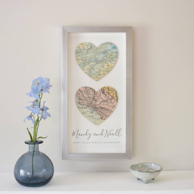 25Th Wedding Anniversary Gift, Custom Map Silver Gift For A Couple, Wall Art Decor, Two Hearts For Her - image 1