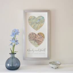 25Th Wedding Anniversary Gift, Custom Map Silver Gift For A Couple, Wall Art Decor, Two Hearts For Her - thumbnail 1