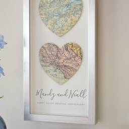 25Th Wedding Anniversary Gift, Custom Map Silver Gift For A Couple, Wall Art Decor, Two Hearts For Her - thumbnail 2