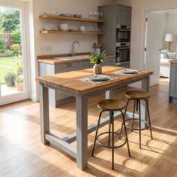 Huxley Solid Oak Top Kitchen Island/Breakfast Bar Grey Painted