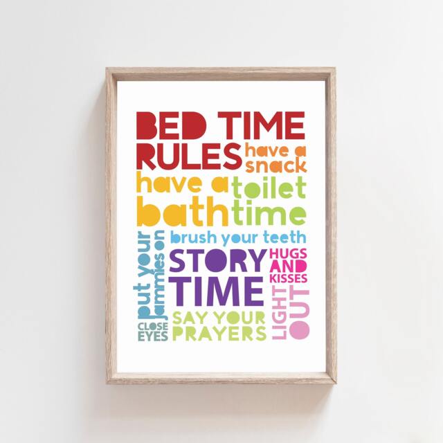 Girls Boys Nursery Prints, Bed Time Rules Print, Kids Routine Colourful Wall Art, Bedroom Decor, Rainbow Prints - image 1