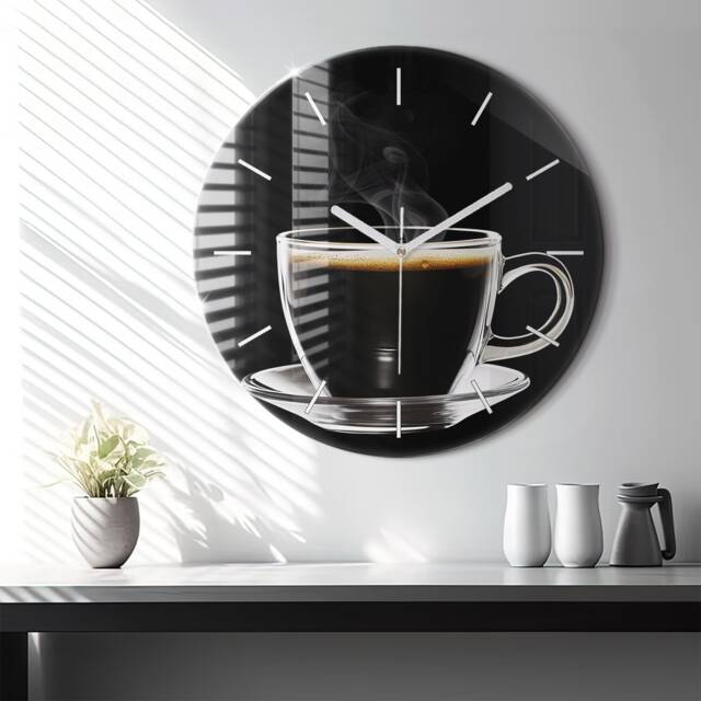 Black Coffee Glass Clock, Modern Wall Food Personalized Tempered Clock - image 1