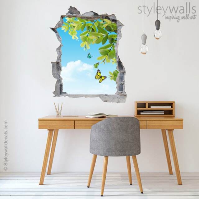 Butterflies Wall Decal, Nature Sticker, Hole in The 3D Effect Broken Mural