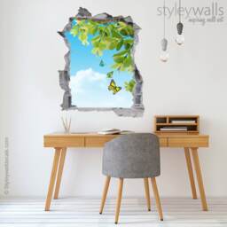 Butterflies Wall Decal, Nature Sticker, Hole in The 3D Effect Broken Mural