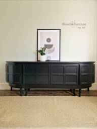 Long Curved Nathan Sideboard in Black With Black Wooden Tapered Legs