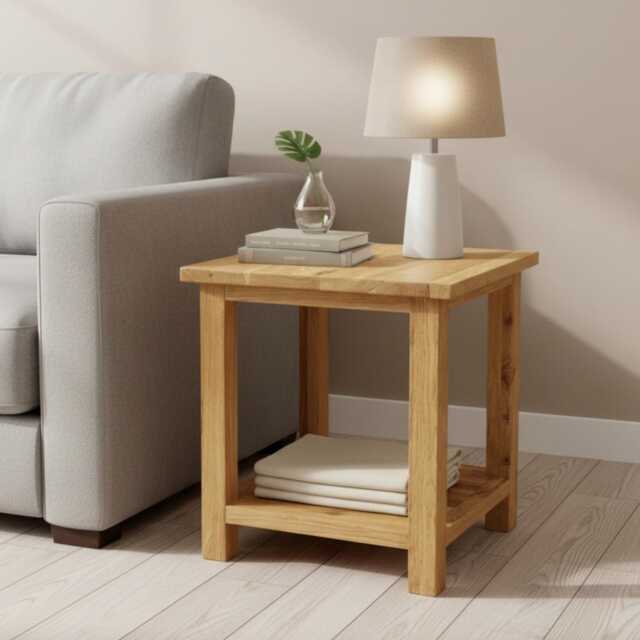Solid Oak Side Table - Rustic Lamp With Shelf - Ready Assembled - image 1