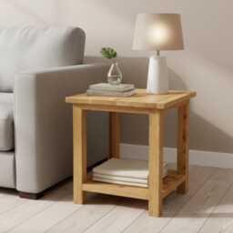 Solid Oak Side Table - Rustic Lamp With Shelf - Ready Assembled - thumbnail 1