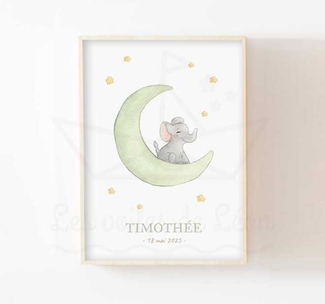 Baby Elephant Poster, Watercolor Illustration, Moon, Stars, Sky, Birth Gift, Wall Decoration, Savannah Animals - image 1