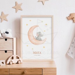 Baby Elephant Poster, Watercolor Illustration, Moon, Stars, Sky, Birth Gift, Wall Decoration, Savannah Animals - thumbnail 2