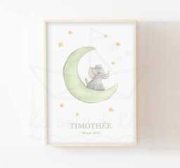 Baby Elephant Poster, Watercolor Illustration, Moon, Stars, Sky, Birth Gift, Wall Decoration, Savannah Animals - thumbnail 1