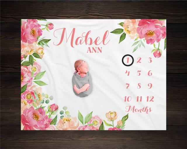 Peony Flower Milestone Blanket Personalized Monthly Growth Tracker Custom Baby Shower Gift Watercolor Pink Floral For Newborn - image 1
