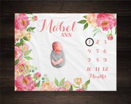 Peony Flower Milestone Blanket Personalized Monthly Growth Tracker Custom Baby Shower Gift Watercolor Pink Floral For Newborn - thumbnail 1