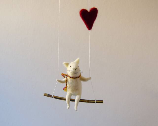White Needle Felted Cat On Swings, Mobile, Needle Feled Miniature, Baby Crib Mobile, Nursery Decor