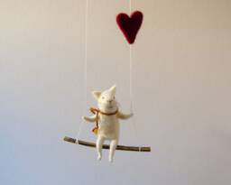 White Needle Felted Cat On Swings, Mobile, Needle Feled Miniature, Baby Crib Mobile, Nursery Decor - thumbnail 1