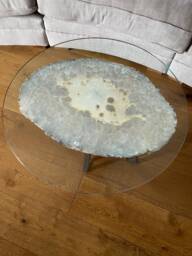 Premium Agate Geode Table 2 - 15Kg - Glass 60cm L53xw38cm Druzy Cluster Grey White Crystal Quartz - thumbnail 1