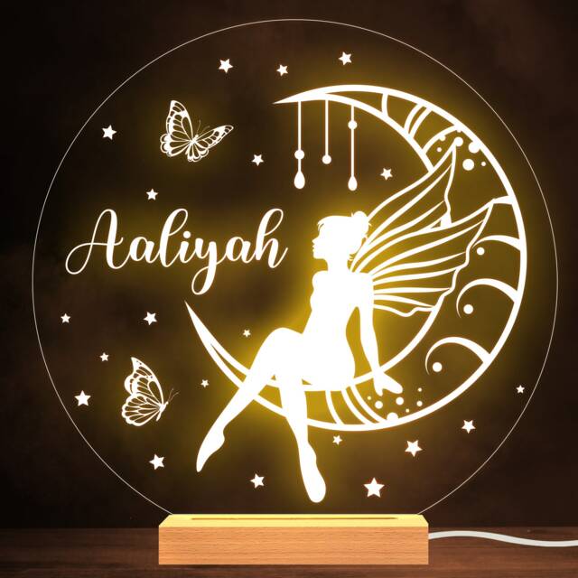 Girls Fairy Sitting On The Moon Stars Butterflies Personalised Lamp Night Light - image 1