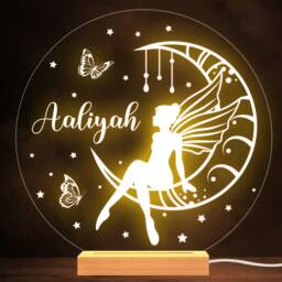 Girls Fairy Sitting On The Moon Stars Butterflies Personalised Lamp Night Light - thumbnail 1