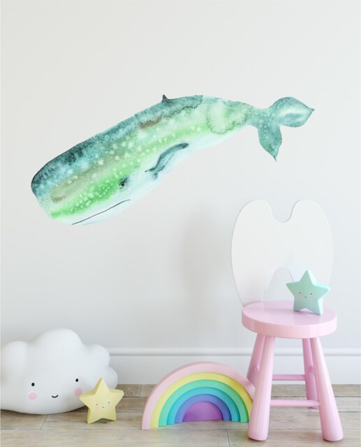 Watercolor Green Whale Wall Decal Ocean Sea Life Removable Fabric Sticker - image 1