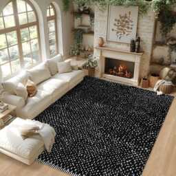 Authentic Navy Black & White Dotted Moroccan Rug, Shag Large Area Berber Rug - thumbnail 3