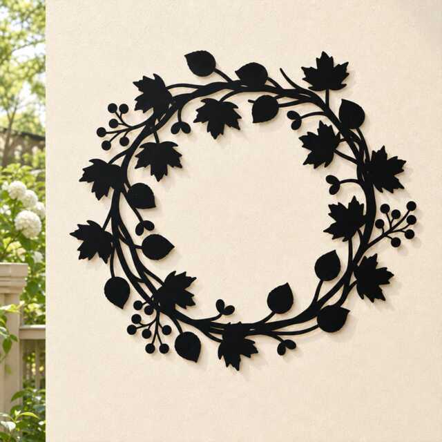 Metal Maple Leaf Berry Wreath Wall Art, Autumn Vine Circular Iron Wreath, Rustic Indoor Outdoor Entryway Sign - image 1