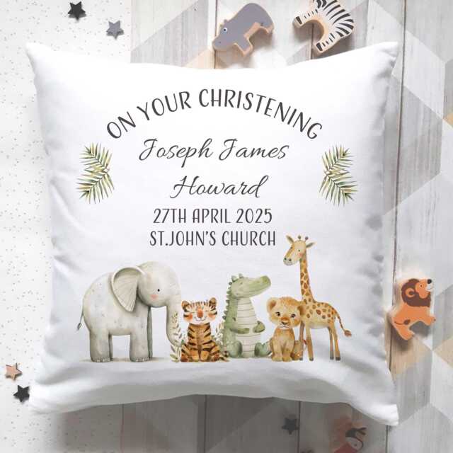 Personalized Christening Cushion Jungle Animals, Baptism Gift For Boys - image 1