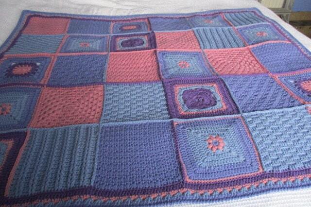 Thick, Aran Weight, Hand Crochet Patchwork Style Blanket - Pink & Purple Shades - image 1