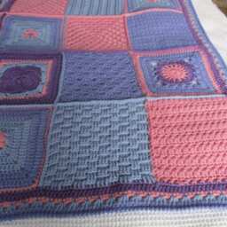 Thick, Aran Weight, Hand Crochet Patchwork Style Blanket - Pink & Purple Shades - thumbnail 2