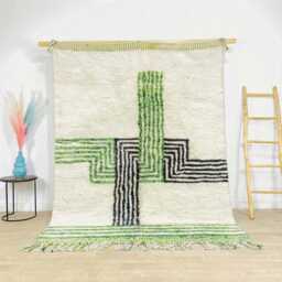 Moroccan Green & Black Berber Rug, Handwoven Wool Shag Rug Geometric Maze Pattern, Authentic Beni Ourain Style Carpet, Large 9x12 Area - thumbnail 1