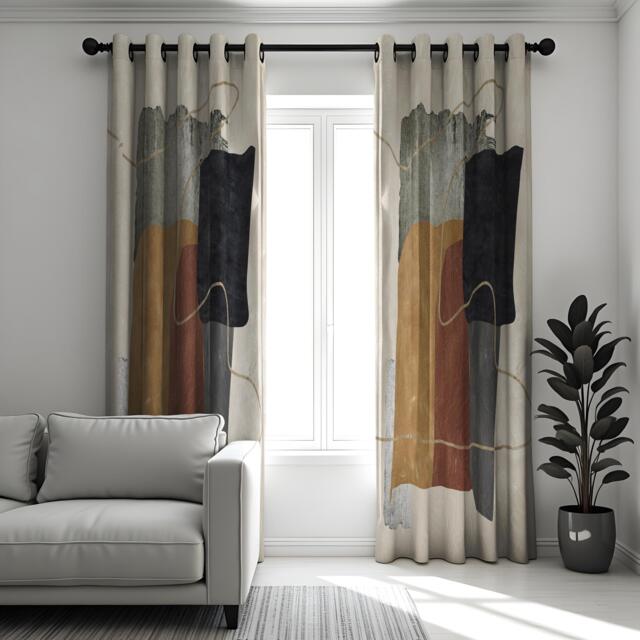 Abstract Modern Curtains, Geometric Art Drapes, Neutral Tones Contemporary Window Treatment, Custom Length Living Room Or Bedroom Decor - image 1
