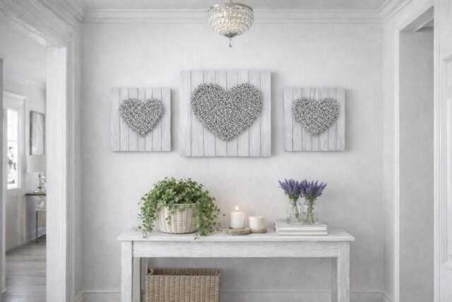 Rustic 3D Heart Flower Set Of 3 Shabby Chic Farmhouse Wooden Foam Rose Large Plaque Grey Art Home Decor - image 1