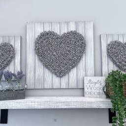 Rustic 3D Heart Flower Set Of 3 Shabby Chic Farmhouse Wooden Foam Rose Large Plaque Grey Art Home Decor - thumbnail 3