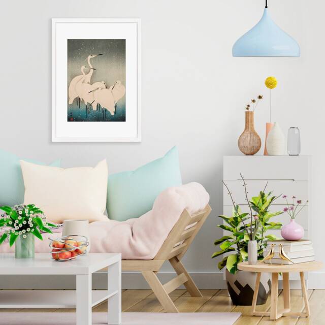 Japanese Art Egrets Cranes Framed Mounted Ukiyo-E Wall Decor Print Poster Woodblock Koson Shoson Heron Bird Calligraphy Beautiful Haiku Snow - image 1