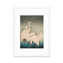 Japanese Art Egrets Cranes Framed Mounted Ukiyo-E Wall Decor Print Poster Woodblock Koson Shoson Heron Bird Calligraphy Beautiful Haiku Snow - thumbnail 3