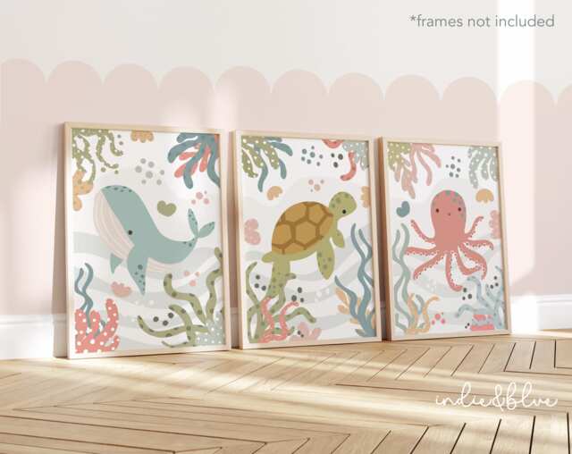 Set Of 3 Sea Animals Prints in Pastel, Ocean Nursery Decor, Under The Prints, Whale Octopus Turtle - image 1