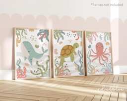 Set Of 3 Sea Animals Prints in Pastel, Ocean Nursery Decor, Under The Prints, Whale Octopus Turtle - thumbnail 1