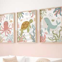 Set Of 3 Sea Animals Prints in Pastel, Ocean Nursery Decor, Under The Prints, Whale Octopus Turtle - thumbnail 3