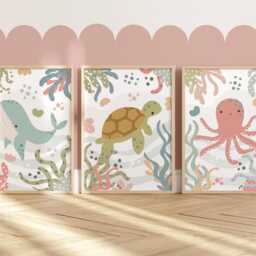 Set Of 3 Sea Animals Prints in Pastel, Ocean Nursery Decor, Under The Prints, Whale Octopus Turtle - thumbnail 2