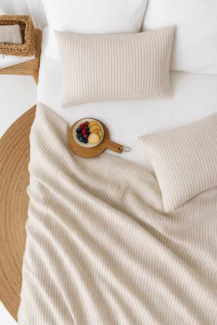 Natural Striped Linen Flat Sheet - Stonewashed European Top Soft Neutral Bedding Coastal Cottage Style Queen King Sizes - image 1