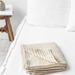 Natural Striped Linen Flat Sheet - Stonewashed European Top Soft Neutral Bedding Coastal Cottage Style Queen King Sizes - thumbnail 2