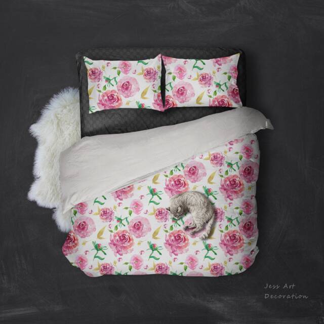 Floral Duvet Cover Set, Watercolor Pink Roses, Microfiber Bedding - image 1