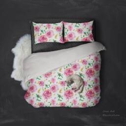 Floral Duvet Cover Set, Watercolor Pink Roses, Microfiber Bedding - thumbnail 1