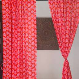 Colorful Indian Bandhani Print Red & Yellow Curtain, Fabric Drapes, Semi Sheer Lightweight Cotton Can Be Custom Made - thumbnail 2