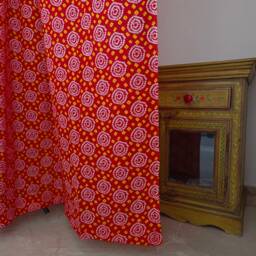 Colorful Indian Bandhani Print Red & Yellow Curtain, Fabric Drapes, Semi Sheer Lightweight Cotton Can Be Custom Made - thumbnail 1