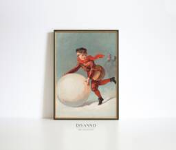 Antique Christmas Snow-Play Print, Giant Snow Ball Poster, Vintage Kids Cards Wall Decor, Holiday Printable, Winter Games Canvas - thumbnail 1